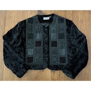 VTG 90s Tokito Cropped Black Velvet Patchwork Jacket Sz 10 Embroidered Beaded
